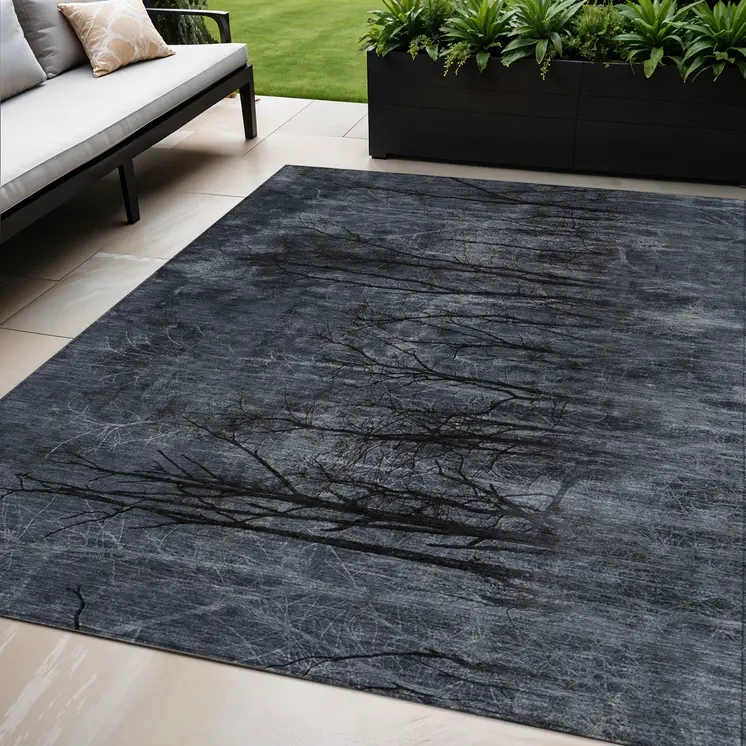 5' X 8' Charcoal And Gray Floral Washable Indoor Outdoor Area Rug