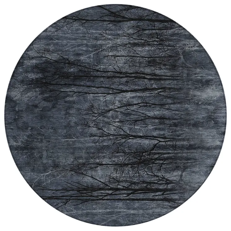 8' Charcoal And Gray Round Floral Washable Indoor Outdoor Area Rug