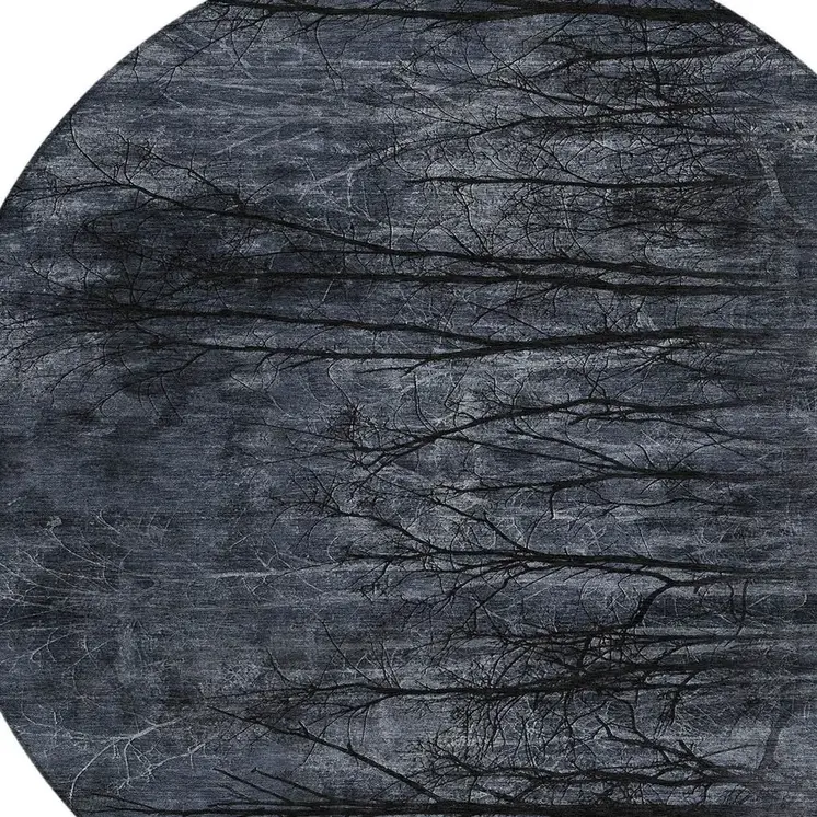 8' Charcoal And Gray Round Floral Washable Indoor Outdoor Area Rug