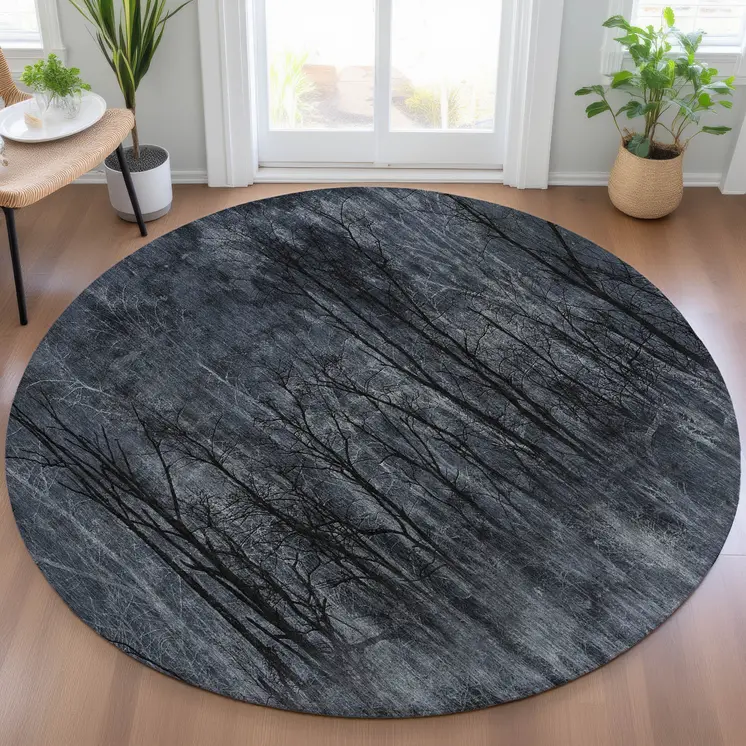 8' Charcoal And Gray Round Floral Washable Indoor Outdoor Area Rug