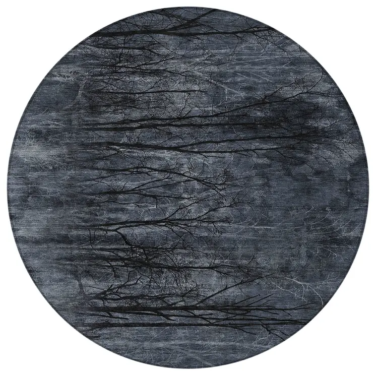 8' Charcoal And Gray Round Floral Washable Indoor Outdoor Area Rug