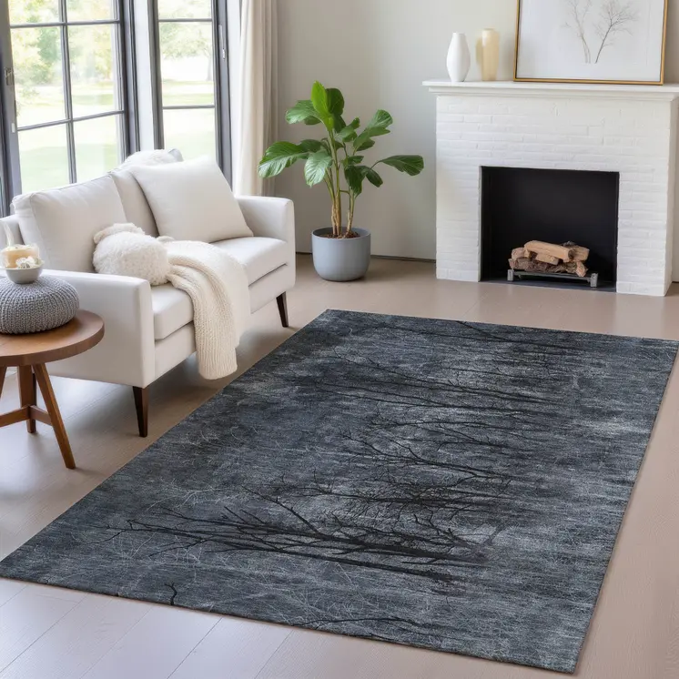 9' X 12' Charcoal And Gray Floral Washable Indoor Outdoor Area Rug