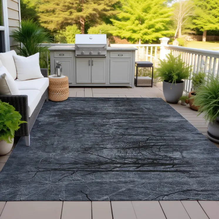 10' X 14' Charcoal And Gray Floral Washable Indoor Outdoor Area Rug