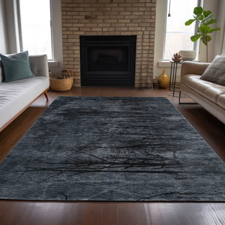 10' X 14' Charcoal And Gray Floral Washable Indoor Outdoor Area Rug