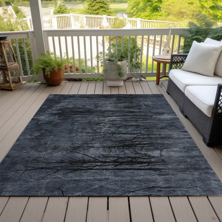 10' X 14' Charcoal And Gray Floral Washable Indoor Outdoor Area Rug