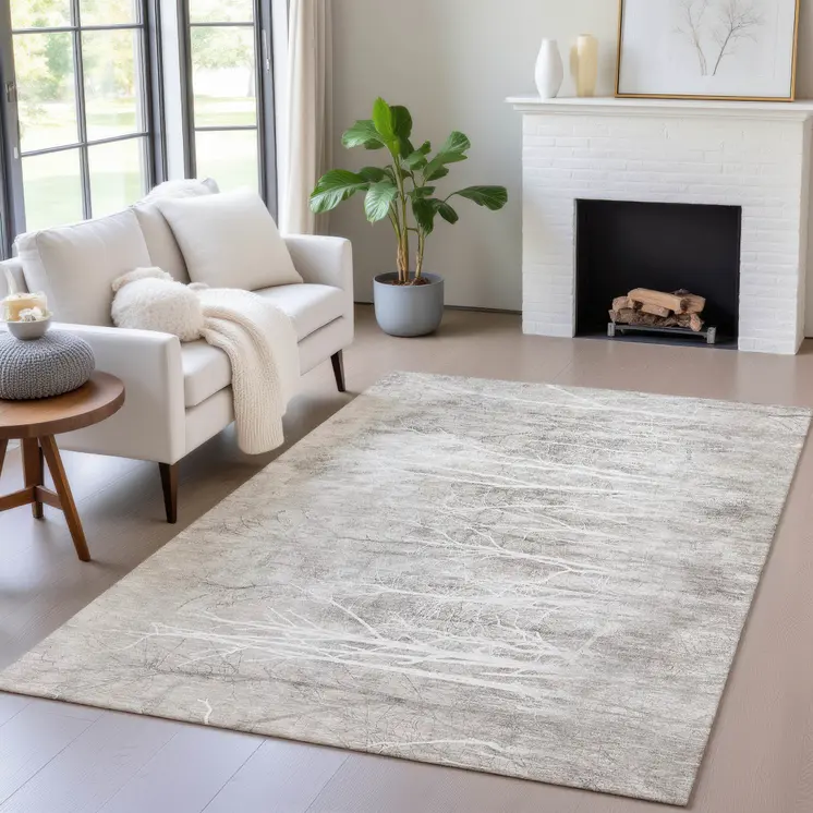 3' X 5' Silver And Gray Floral Washable Indoor Outdoor Area Rug