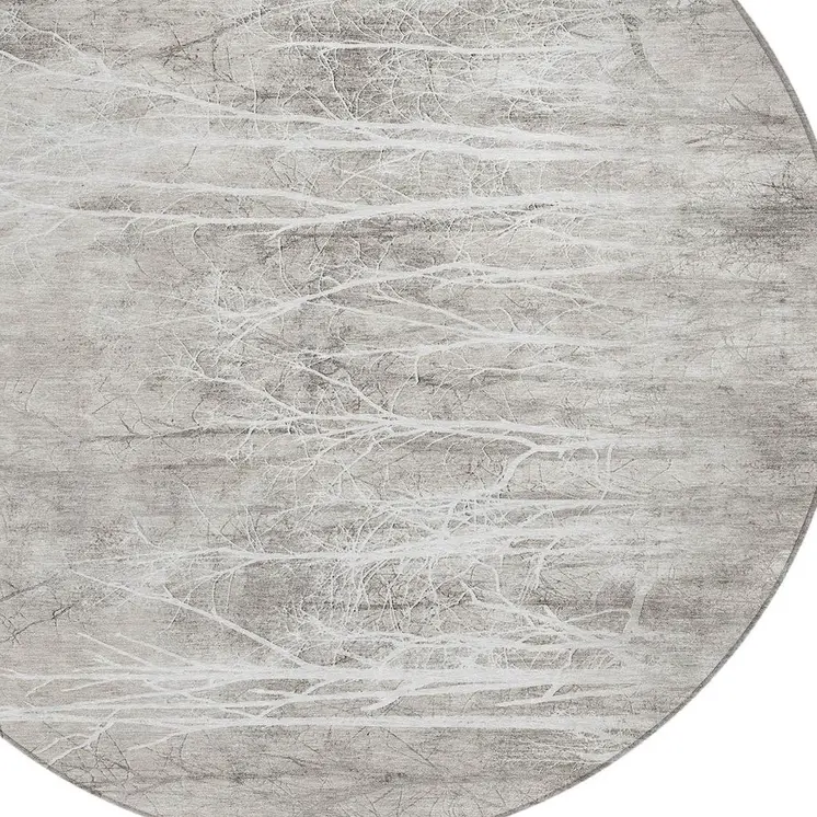 8' Silver And Gray Round Floral Washable Indoor Outdoor Area Rug