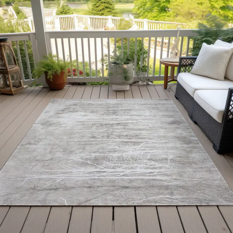 9' X 12' Silver And Gray Floral Washable Indoor Outdoor Area Rug