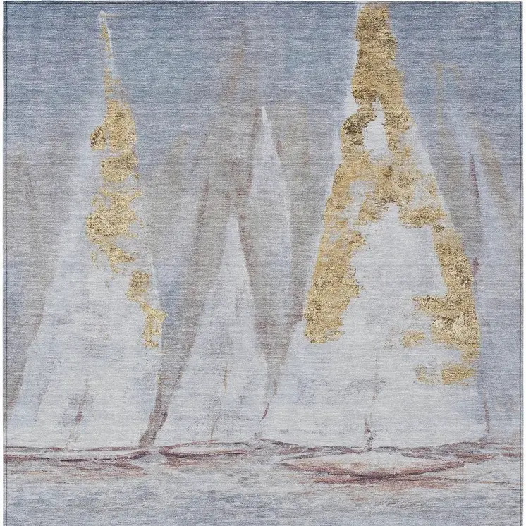 5' X 8' Blue And Gold Nautical Washable Indoor Outdoor Area Rug