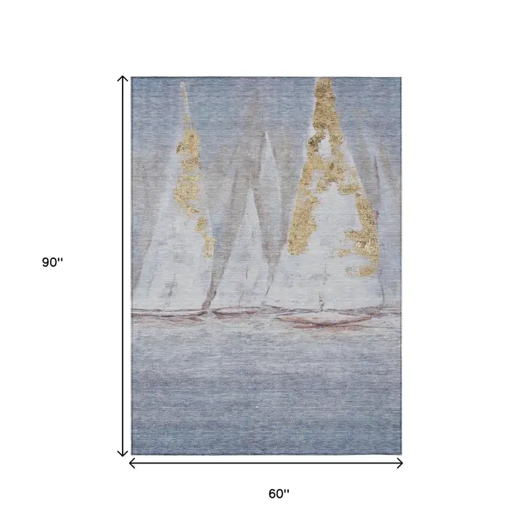 5' X 8' Blue And Gold Nautical Washable Indoor Outdoor Area Rug