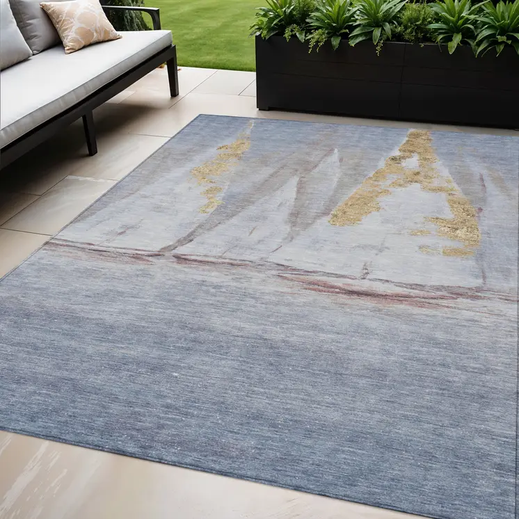 5' X 8' Blue And Gold Nautical Washable Indoor Outdoor Area Rug