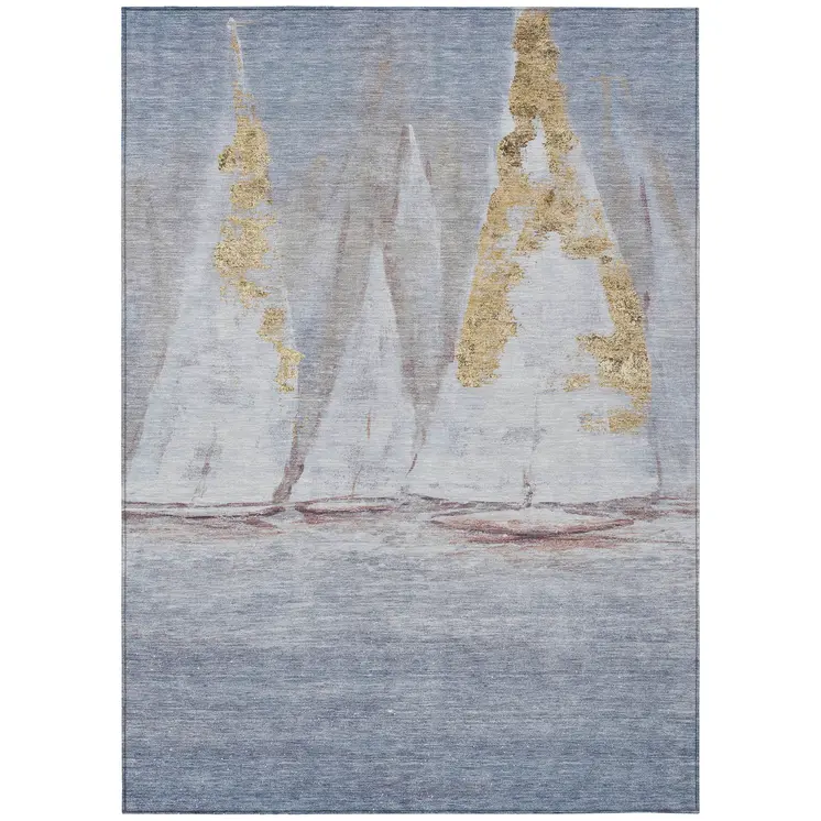 5' X 8' Blue And Gold Nautical Washable Indoor Outdoor Area Rug