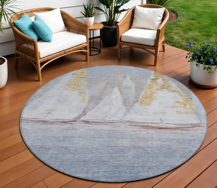 8' Blue And Gold Round Nautical Washable Indoor Outdoor Area Rug