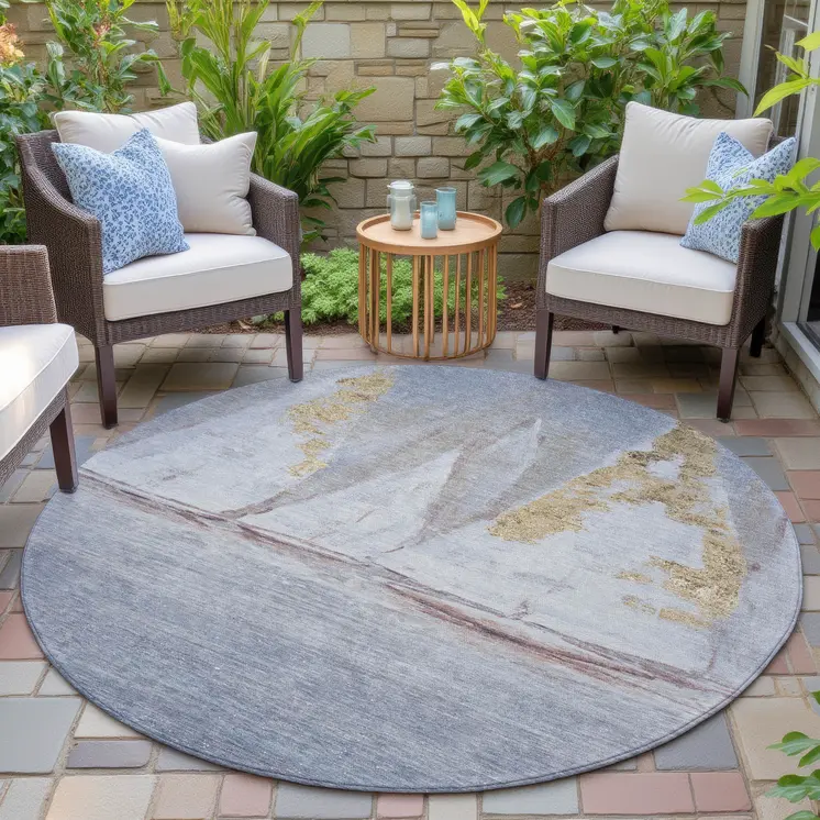 8' Blue And Gold Round Nautical Washable Indoor Outdoor Area Rug