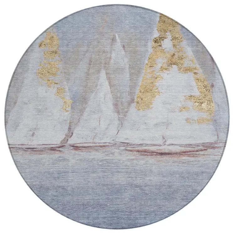 8' Blue And Gold Round Nautical Washable Indoor Outdoor Area Rug