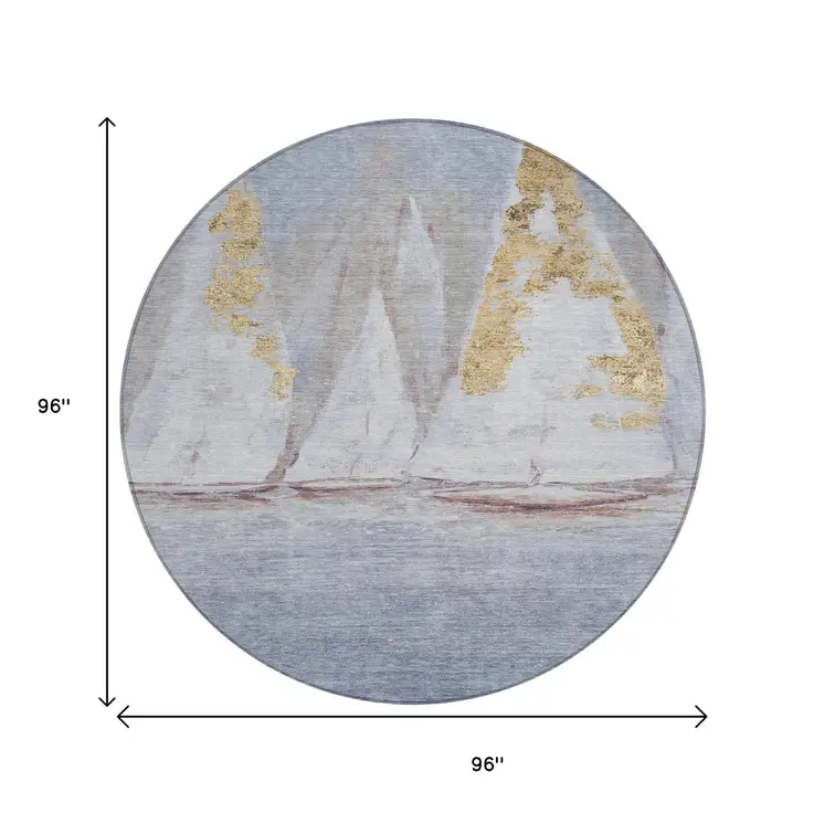 8' Blue And Gold Round Nautical Washable Indoor Outdoor Area Rug