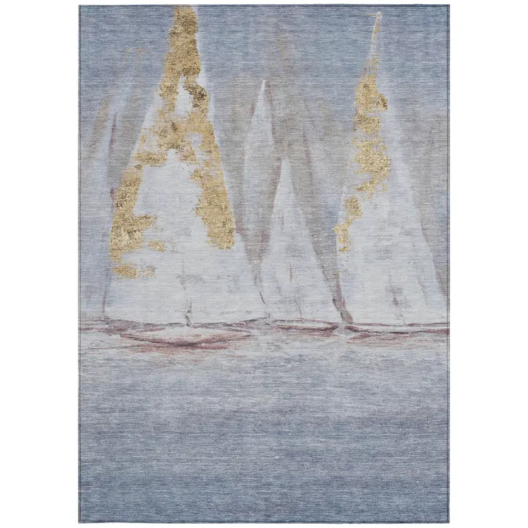 8' X 10' Blue And Gold Nautical Washable Indoor Outdoor Area Rug