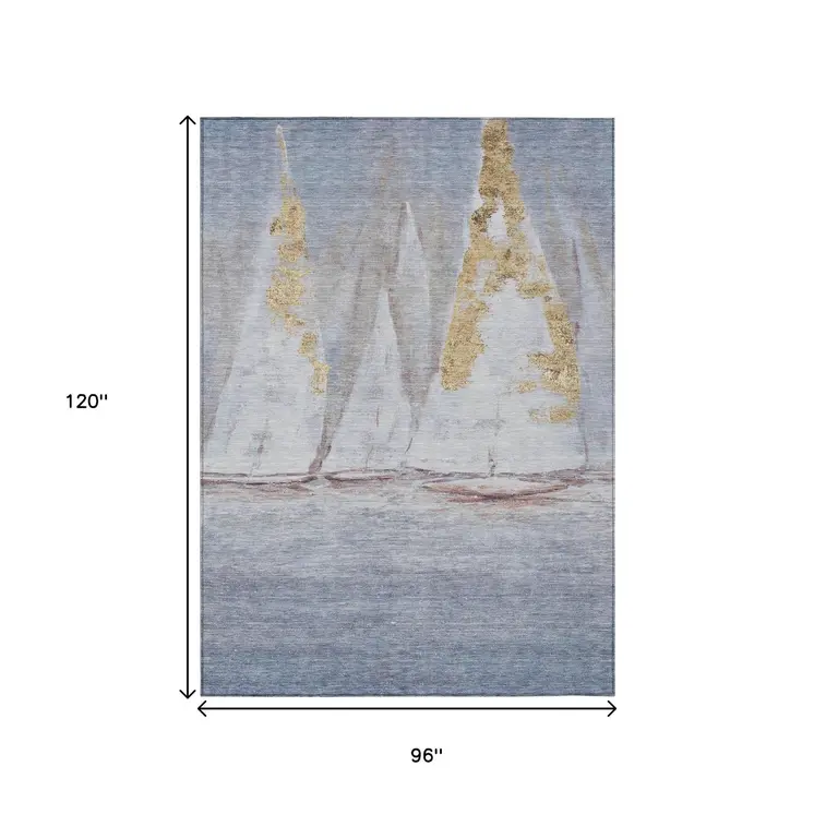 8' X 10' Blue And Gold Nautical Washable Indoor Outdoor Area Rug