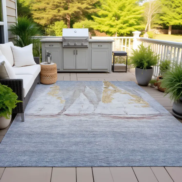 8' X 10' Blue And Gold Nautical Washable Indoor Outdoor Area Rug