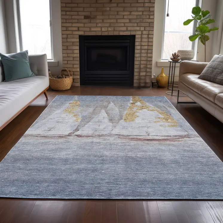 9' X 12' Blue And Gold Nautical Washable Indoor Outdoor Area Rug