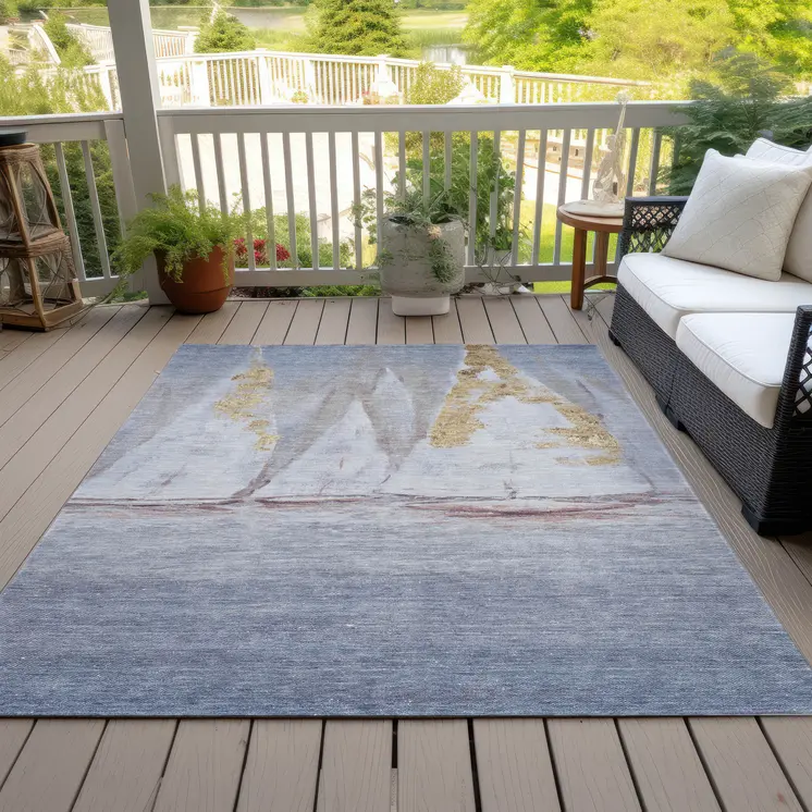 9' X 12' Blue And Gold Nautical Washable Indoor Outdoor Area Rug
