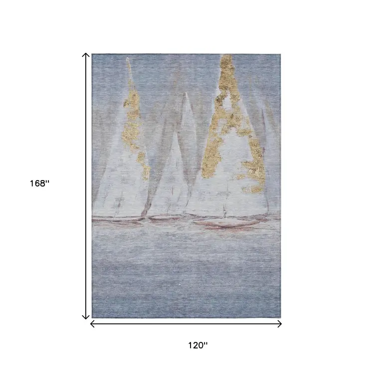 10' X 14' Blue And Gold Nautical Washable Indoor Outdoor Area Rug