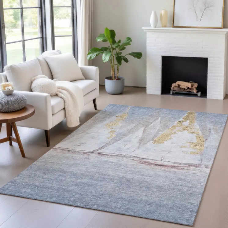 10' X 14' Blue And Gold Nautical Washable Indoor Outdoor Area Rug