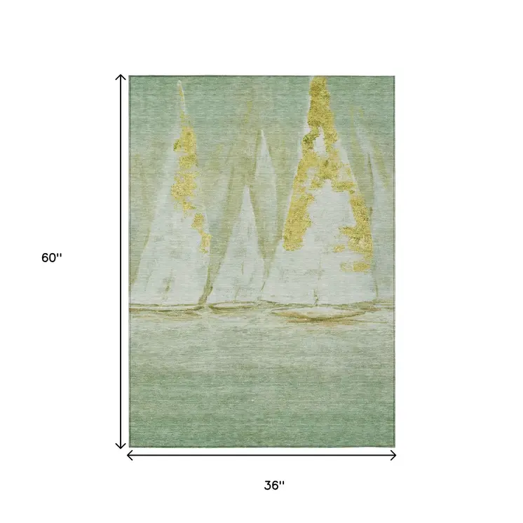 3' X 5' Green And Gold Nautical Washable Indoor Outdoor Area Rug