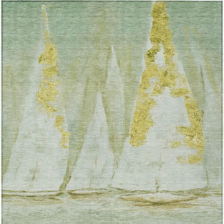 5' X 8' Green And Gold Nautical Washable Indoor Outdoor Area Rug