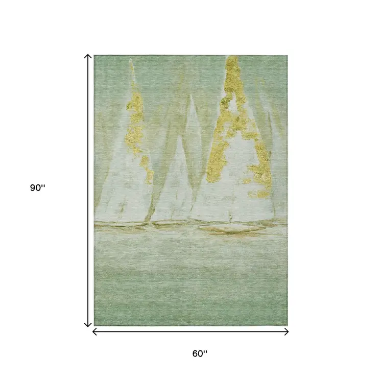 5' X 8' Green And Gold Nautical Washable Indoor Outdoor Area Rug