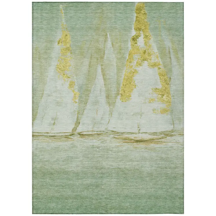 5' X 8' Green And Gold Nautical Washable Indoor Outdoor Area Rug