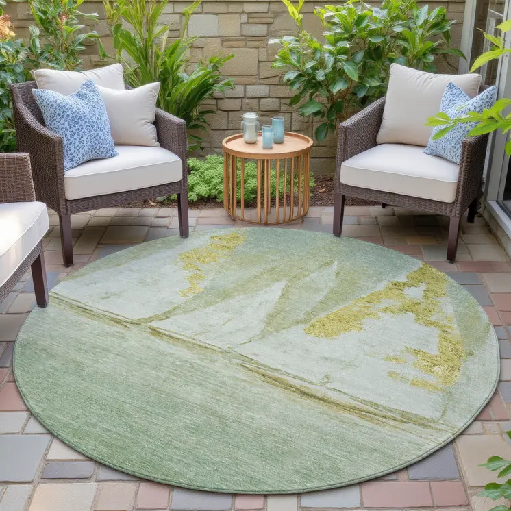 8' Green And Gold Round Nautical Washable Indoor Outdoor Area Rug