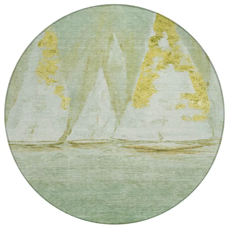 8' Green And Gold Round Nautical Washable Indoor Outdoor Area Rug
