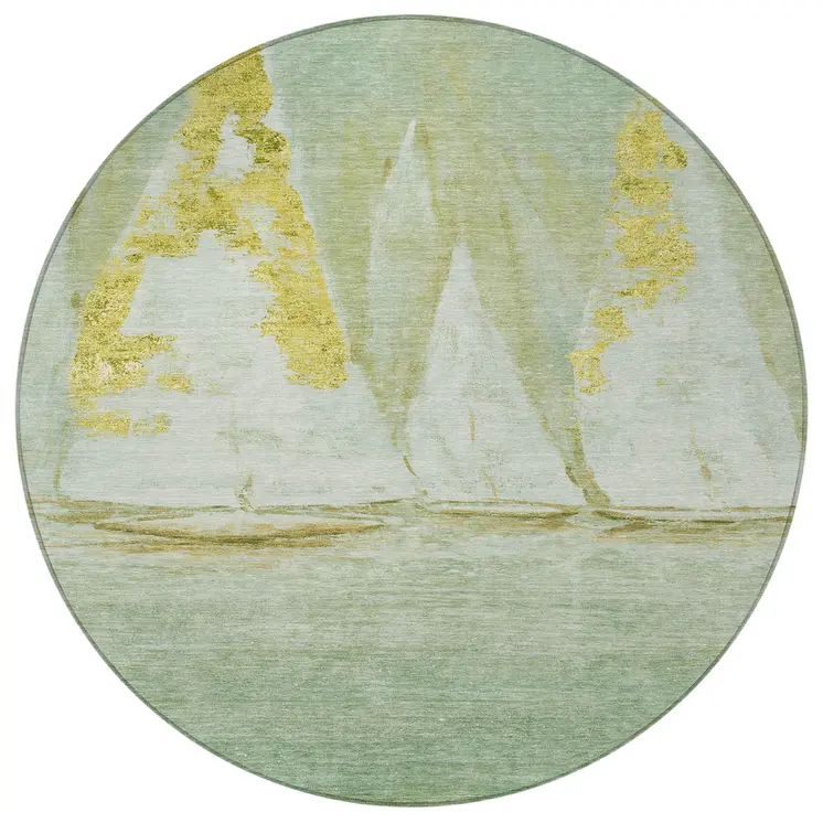 8' Green And Gold Round Nautical Washable Indoor Outdoor Area Rug