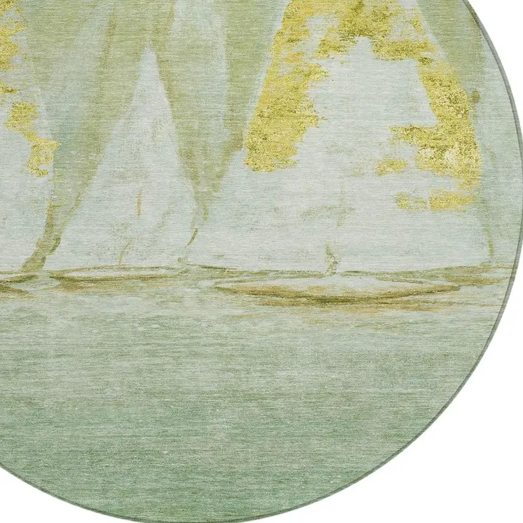 8' Green And Gold Round Nautical Washable Indoor Outdoor Area Rug