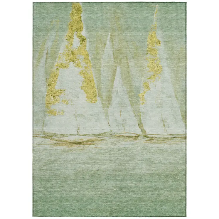 9' X 12' Green And Gold Nautical Washable Indoor Outdoor Area Rug