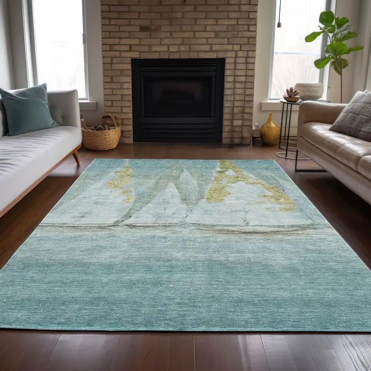 3' X 5' Teal Blue And Gold Nautical Washable Indoor Outdoor Area Rug