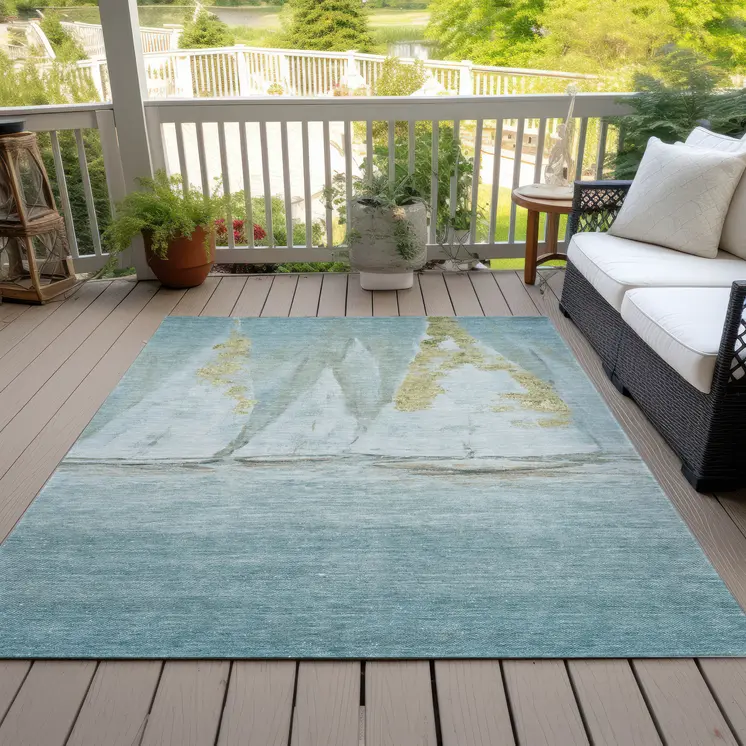 3' X 5' Teal Blue And Gold Nautical Washable Indoor Outdoor Area Rug