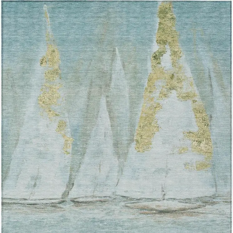 5' X 8' Teal Blue And Gold Nautical Washable Indoor Outdoor Area Rug