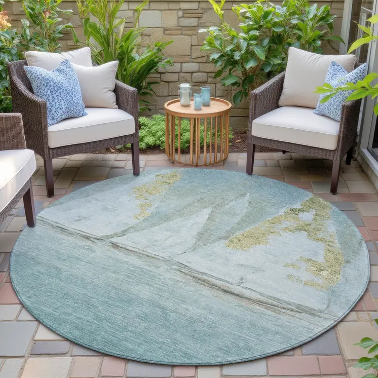 8' Teal Blue And Gold Round Nautical Washable Indoor Outdoor Area Rug