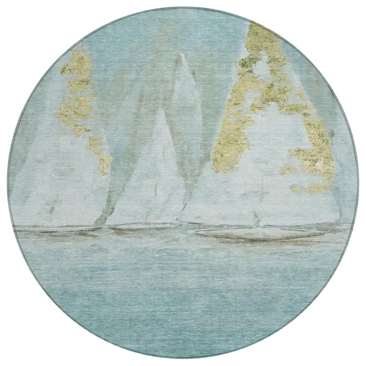 8' Teal Blue And Gold Round Nautical Washable Indoor Outdoor Area Rug