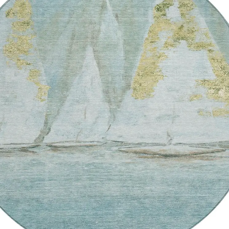 8' Teal Blue And Gold Round Nautical Washable Indoor Outdoor Area Rug