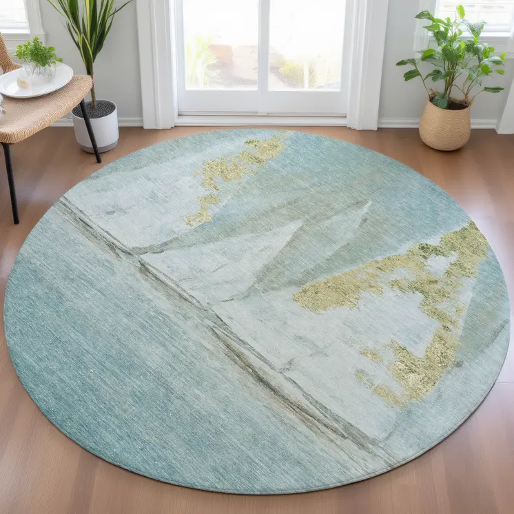 8' Teal Blue And Gold Round Nautical Washable Indoor Outdoor Area Rug