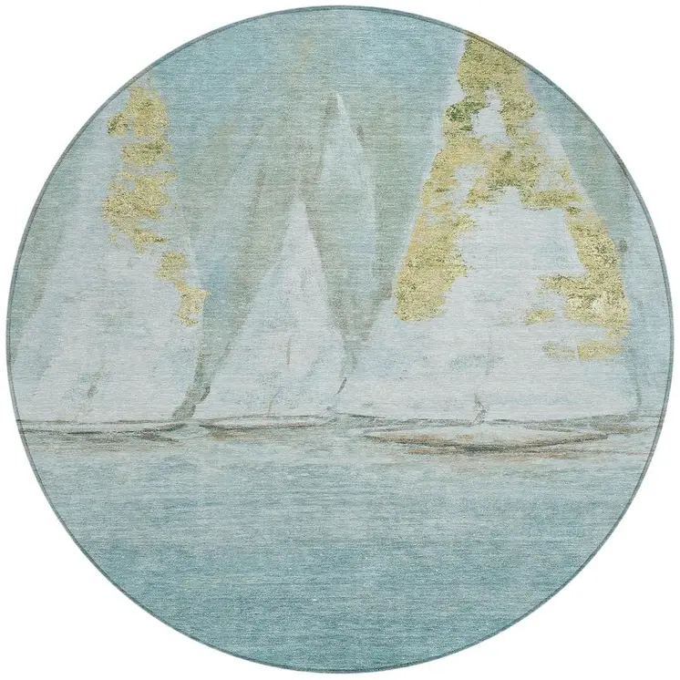 8' Teal Blue And Gold Round Nautical Washable Indoor Outdoor Area Rug