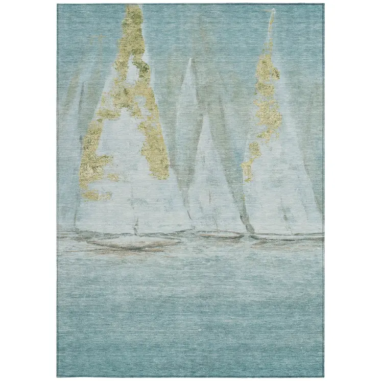 10' X 14' Teal Blue And Gold Nautical Washable Indoor Outdoor Area Rug