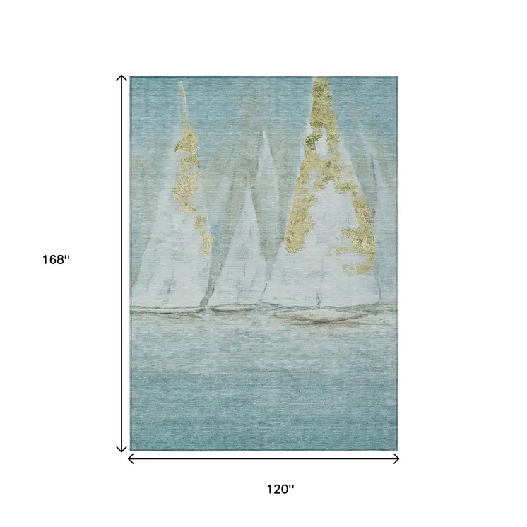 10' X 14' Teal Blue And Gold Nautical Washable Indoor Outdoor Area Rug