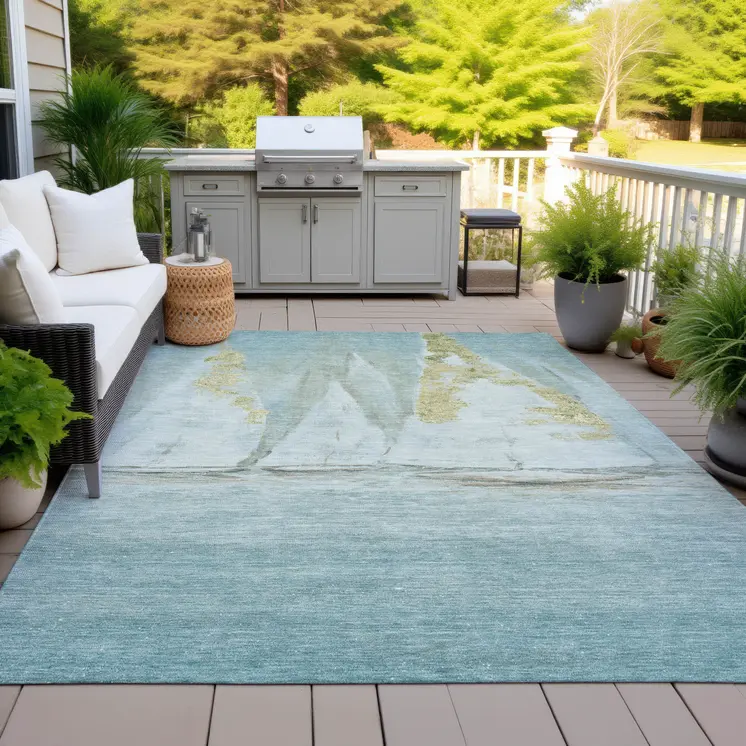 10' X 14' Teal Blue And Gold Nautical Washable Indoor Outdoor Area Rug