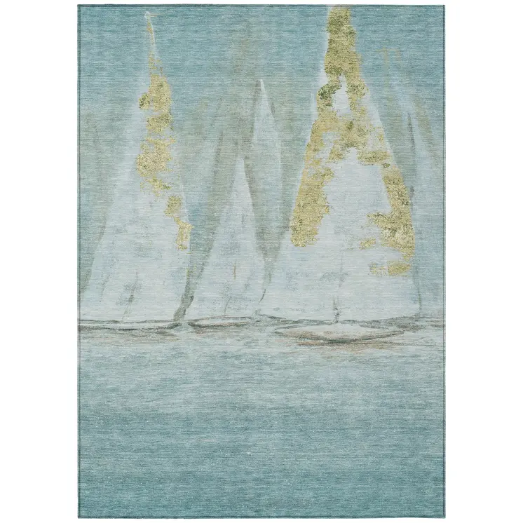 10' X 14' Teal Blue And Gold Nautical Washable Indoor Outdoor Area Rug