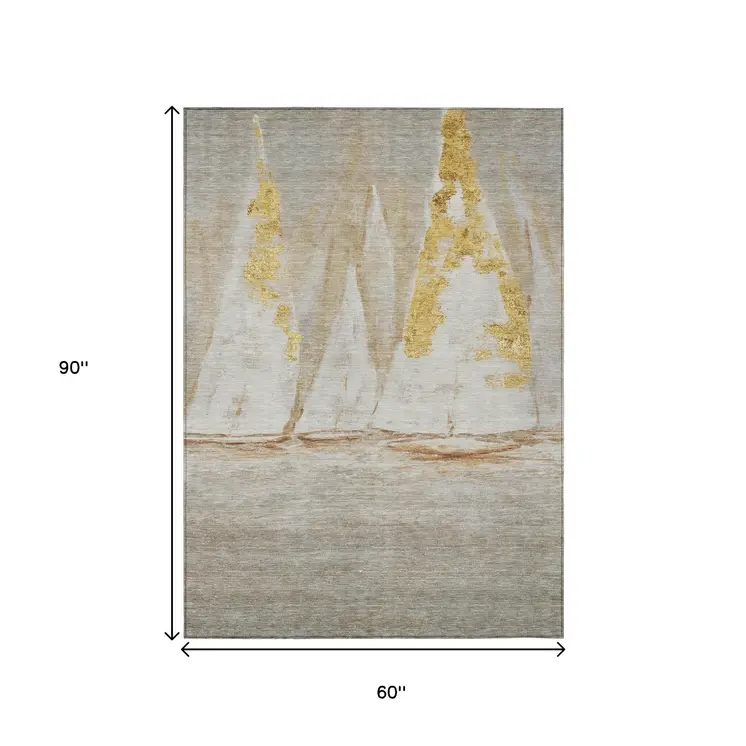 5' X 8' Taupe And Gold Nautical Washable Indoor Outdoor Area Rug