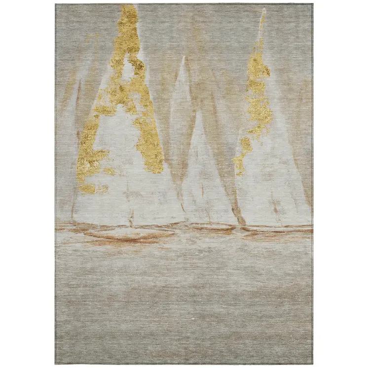 5' X 8' Taupe And Gold Nautical Washable Indoor Outdoor Area Rug